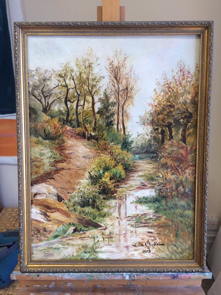 Beautiful french landscape before and after surface cleaning. The yellowed varnish was also removed.