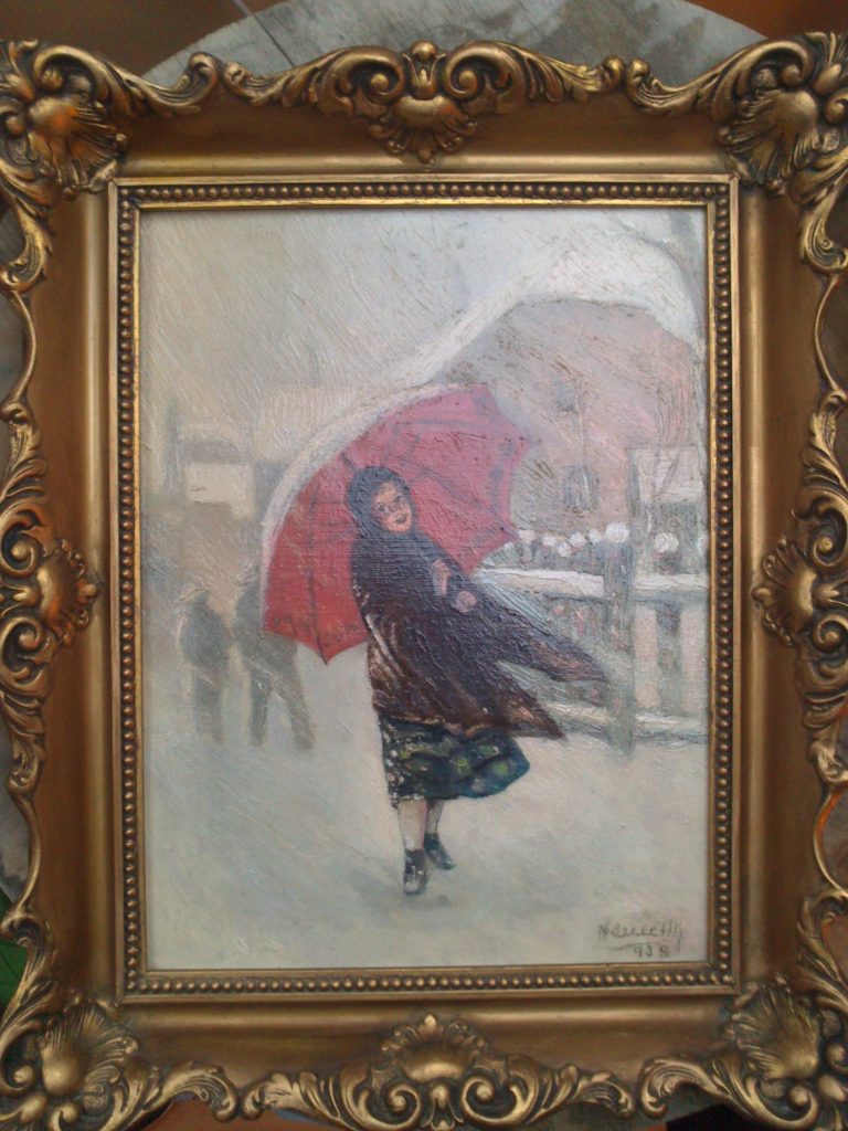 Under a layer of old varnish stands a delicately painted girl on a village street while the snow falls.